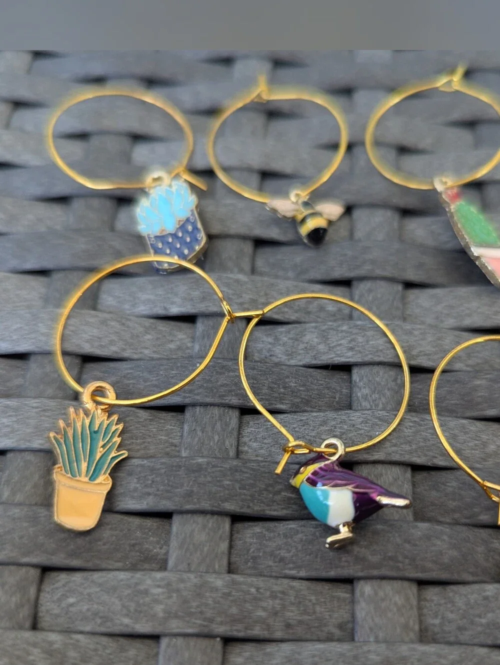 Set Of 8 Nature Themed Wine Glass Charms Birds, Plants, Bumble Bee, Cactus